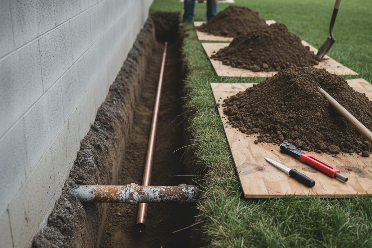 Excavated water line trench during Sewer Line Repair in Granite Bay